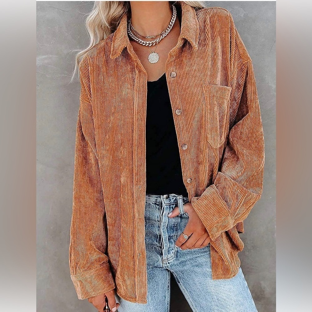 Miholl Women Corduroy Long Sleeve Button Down Collared Shirt Jacket Top Sz Small
